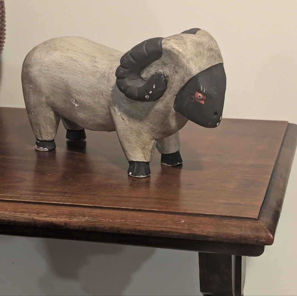 Handcrafted Wooden Ram Figurine. Folk art. Soft Lightweight Wood. Fair Condition